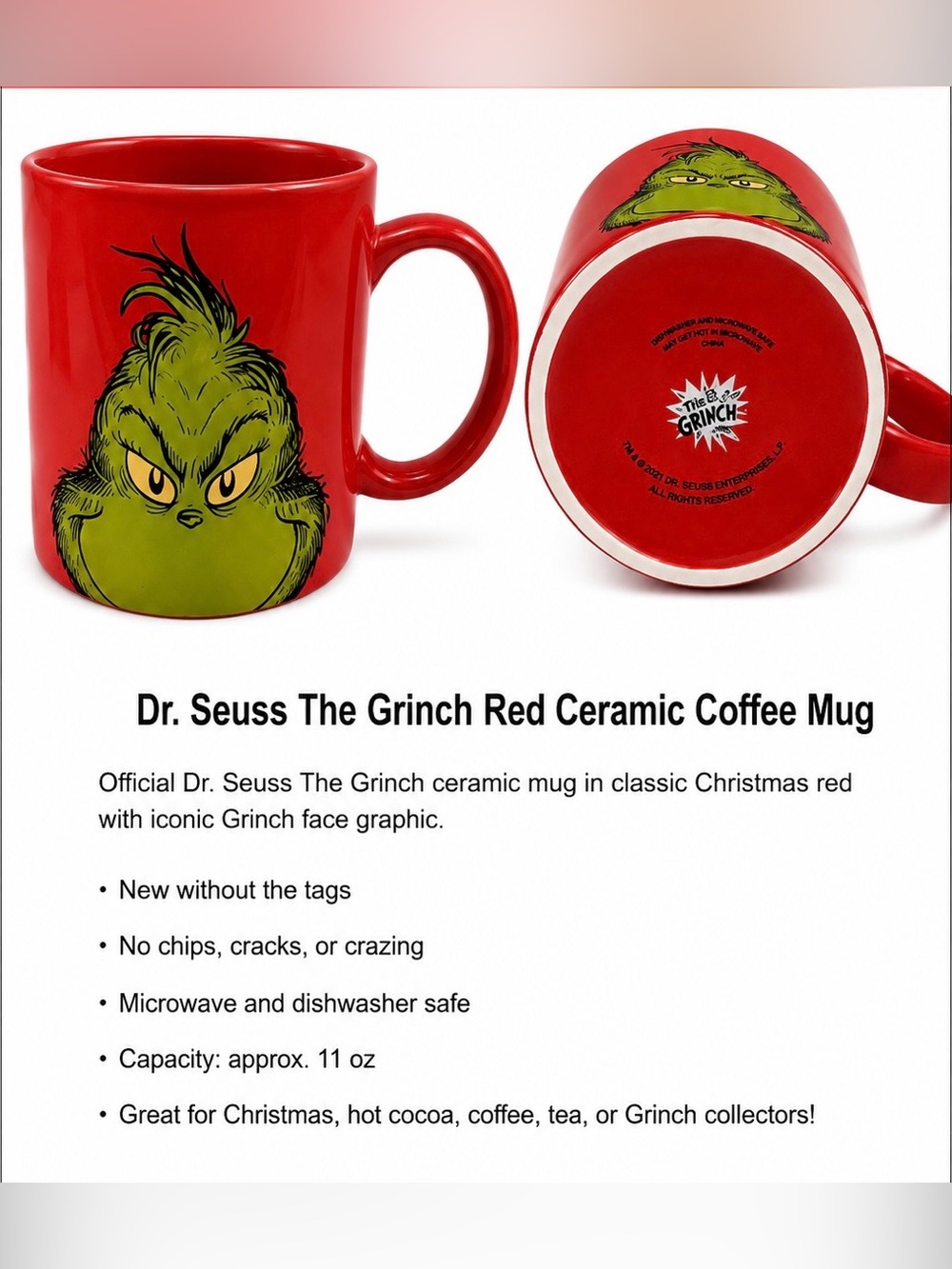 Dr. Seuss Grinch Red Ceramic Mug with Green Grinch Graphic ❤️🎄💚 NWOT